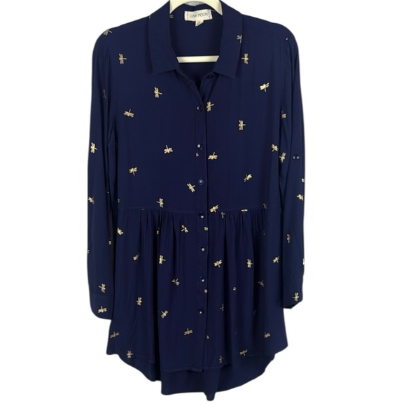 Luna Moon Dragonfly Embroidered Blue Button Down Tunic Size Large - Picture 1 of 12